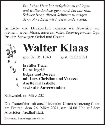 Traueranzeige von Walter Klaas  von Magdeburger Volksstimme
