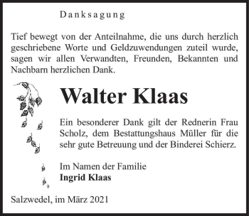Traueranzeige von Walter Klaas  von Magdeburger Volksstimme