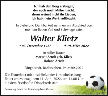 Traueranzeige von Walter Klietz  von Magdeburger Volksstimme