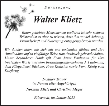 Traueranzeige von Walter Klietz  von Magdeburger Volksstimme