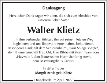 Traueranzeige von Walter Klietz  von Magdeburger Volksstimme