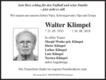 Traueranzeige von Walter Klimpel  von Magdeburger Volksstimme