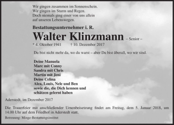 Traueranzeige von Walter Klinzmann  von Magdeburger Volksstimme