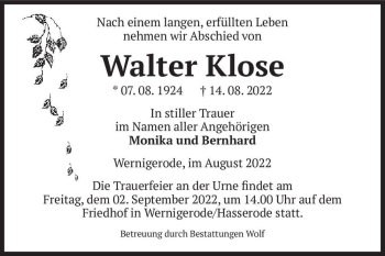 Traueranzeige von Walter Klose  von Magdeburger Volksstimme