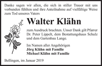 Traueranzeige von Walter Klähn  von Magdeburger Volksstimme