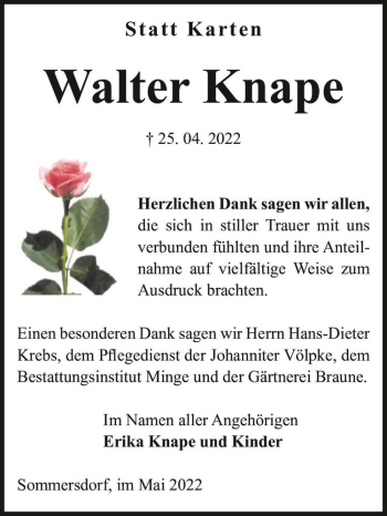 Traueranzeige von Walter Knape  von Magdeburger Volksstimme