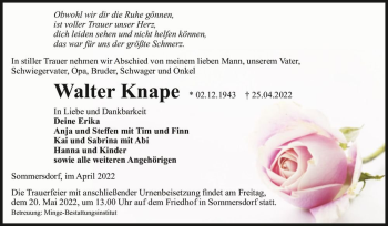 Traueranzeige von Walter Knape  von Magdeburger Volksstimme
