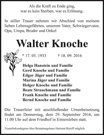 Traueranzeige von Walter Knoche  von Magdeburger Volksstimme