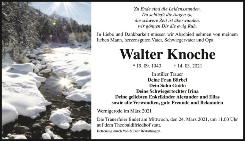  Traueranzeige für Walter Knoche  vom 20.03.2021 aus Magdeburger Volksstimme