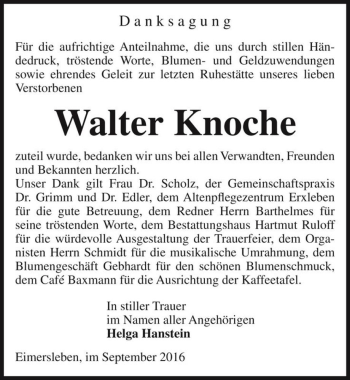 Traueranzeige von Walter Knoche  von Magdeburger Volksstimme