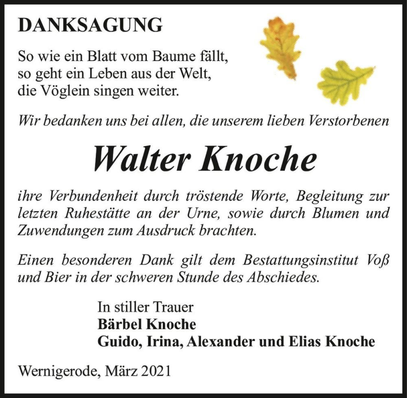  Traueranzeige für Walter Knoche  vom 03.04.2021 aus Magdeburger Volksstimme