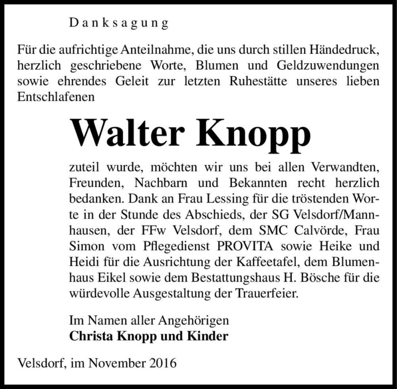  Traueranzeige für Walter Knopp  vom 08.11.2016 aus Magdeburger Volksstimme