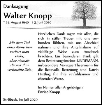 Traueranzeige von Walter Knopp  von Magdeburger Volksstimme