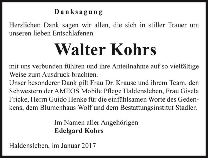  Traueranzeige für Walter Kohrs  vom 28.01.2017 aus Magdeburger Volksstimme