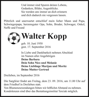 Traueranzeige von Walter Kopp  von Magdeburger Volksstimme