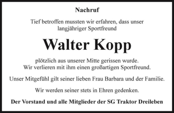 Traueranzeige von Walter Kopp  von Magdeburger Volksstimme