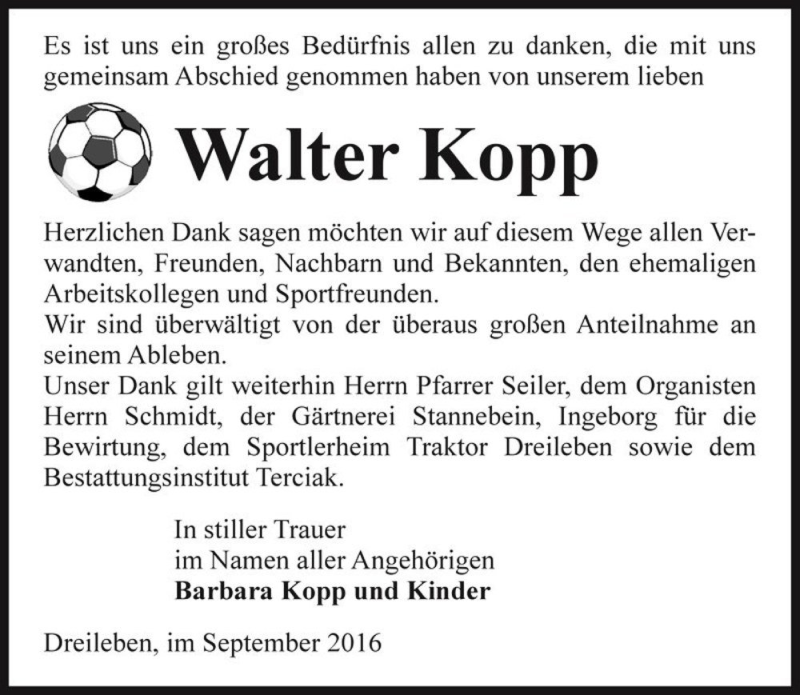 Traueranzeige für Walter Kopp  vom 30.09.2016 aus Magdeburger Volksstimme