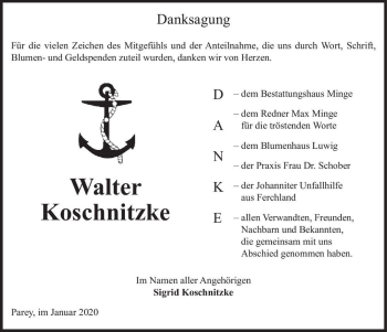 Traueranzeige von Walter Koschnitzke  von Magdeburger Volksstimme