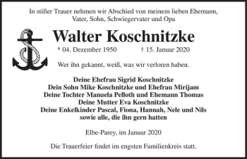 Traueranzeige von Walter Koschnitzke  von Magdeburger Volksstimme