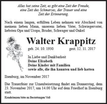 Traueranzeige von Walter Krappitz  von Magdeburger Volksstimme