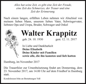 Traueranzeige von Walter Krappitz  von Magdeburger Volksstimme