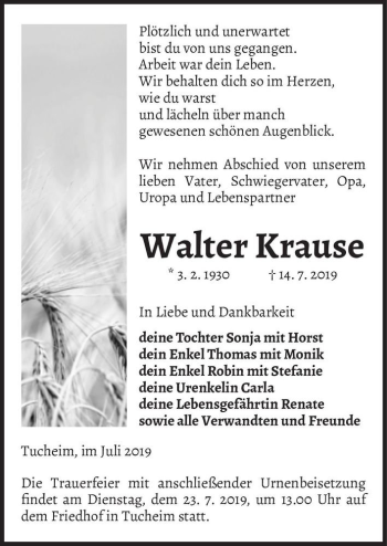 Traueranzeige von Walter Krause  von Magdeburger Volksstimme
