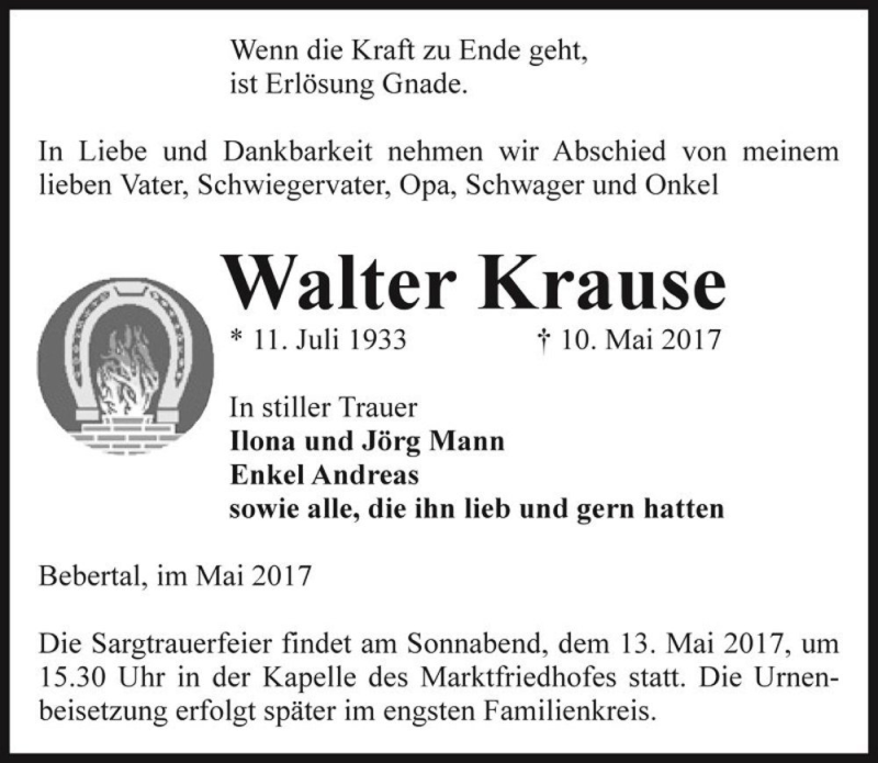  Traueranzeige für Walter Krause  vom 12.05.2017 aus Magdeburger Volksstimme