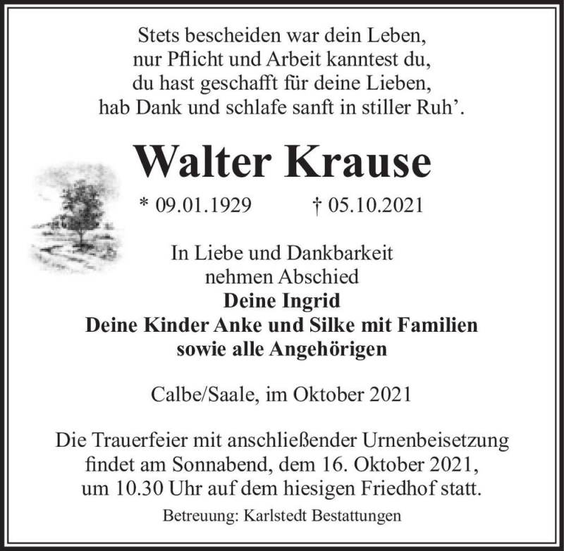  Traueranzeige für Walter Krause  vom 09.10.2021 aus Magdeburger Volksstimme