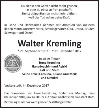 Traueranzeige von Walter Kremling  von Magdeburger Volksstimme