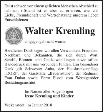 Traueranzeige von Walter Kremling  von Magdeburger Volksstimme