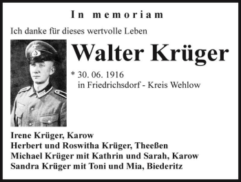 Traueranzeige von Walter Krüger  von Magdeburger Volksstimme