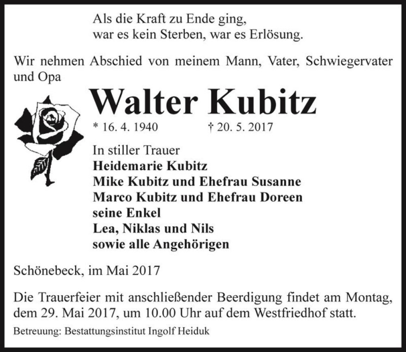  Traueranzeige für Walter Kubitz  vom 27.05.2017 aus Magdeburger Volksstimme
