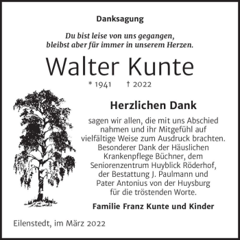 Traueranzeige von Walter Kunte  von Magdeburger Volksstimme