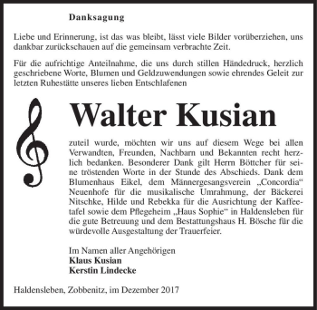 Traueranzeige von Walter Kusian  von Magdeburger Volksstimme