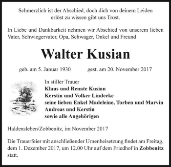 Traueranzeige von Walter Kusian  von Magdeburger Volksstimme