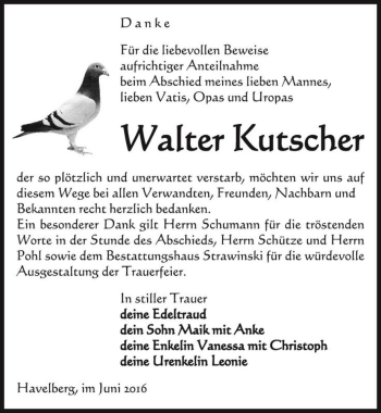 Traueranzeige von Walter Kutscher  von Magdeburger Volksstimme