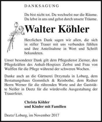 Traueranzeige von Walter Köhler  von Magdeburger Volksstimme