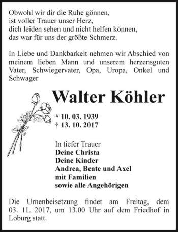 Traueranzeige von Walter Köhler  von Magdeburger Volksstimme