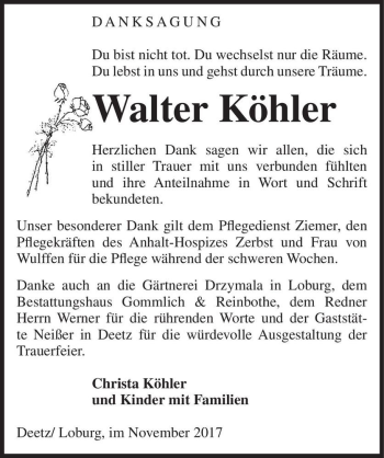Traueranzeige von Walter Köhler  von Magdeburger Volksstimme