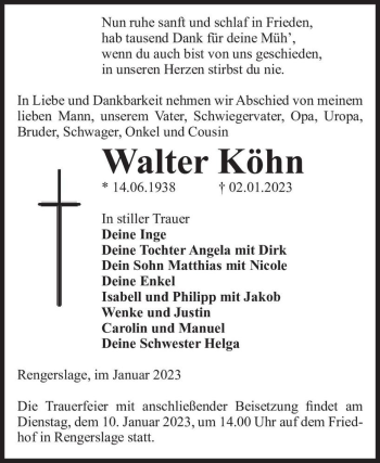 Traueranzeige von Walter Köhn  von Magdeburger Volksstimme