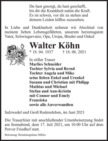 Traueranzeige von Walter Köhn  von Magdeburger Volksstimme