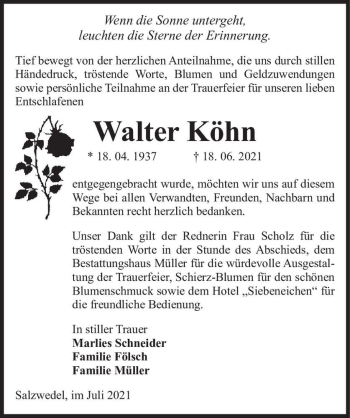 Traueranzeige von Walter Köhn  von Magdeburger Volksstimme