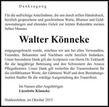 Traueranzeige von Walter Könneke  von Magdeburger Volksstimme