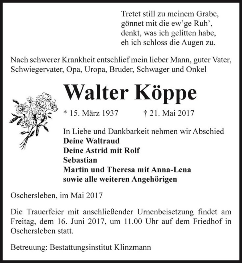  Traueranzeige für Walter Köppe  vom 27.05.2017 aus Magdeburger Volksstimme