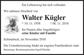 Traueranzeige von Walter Kügler  von Magdeburger Volksstimme