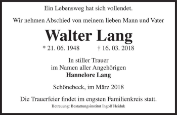 Traueranzeige von Walter Lang  von Magdeburger Volksstimme