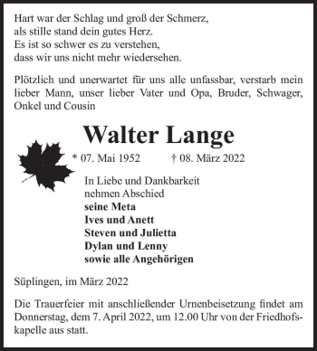 Traueranzeige von Walter Lange  von Magdeburger Volksstimme