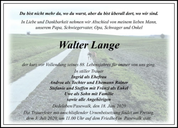 Traueranzeige von Walter Lange  von Magdeburger Volksstimme