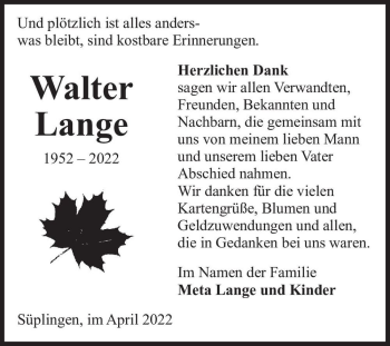 Traueranzeige von Walter Lange  von Magdeburger Volksstimme