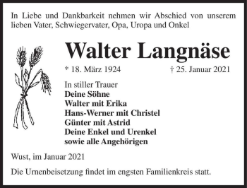 Traueranzeige von Walter Langnäse  von Magdeburger Volksstimme